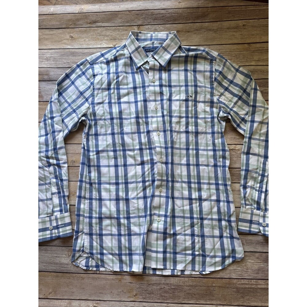 Fish hippie Mens Blue Green plaid check long sleeve shirt Medium